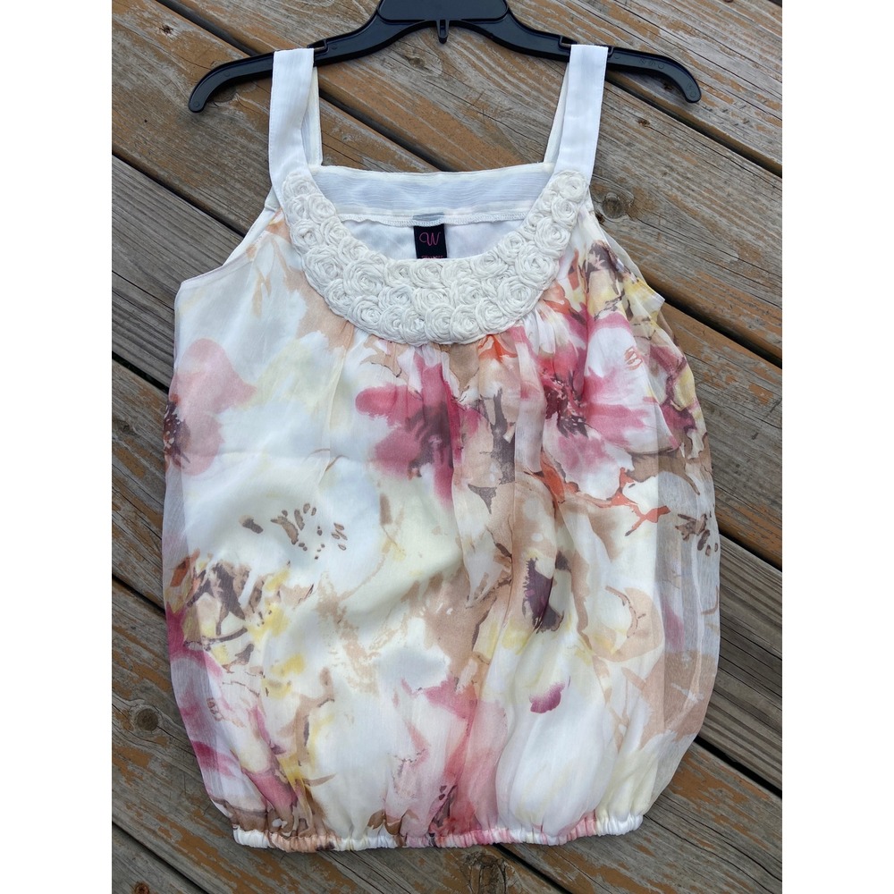 Wrapper Floral Watercolor Bubble Hem Tank Rosette Trim Square Neck Pink Cream S